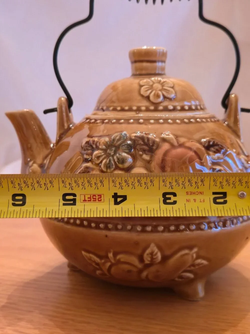 Vintage Footed Teapot with Fall Harvest Fruit Theme, Mustard Color Made in Japan